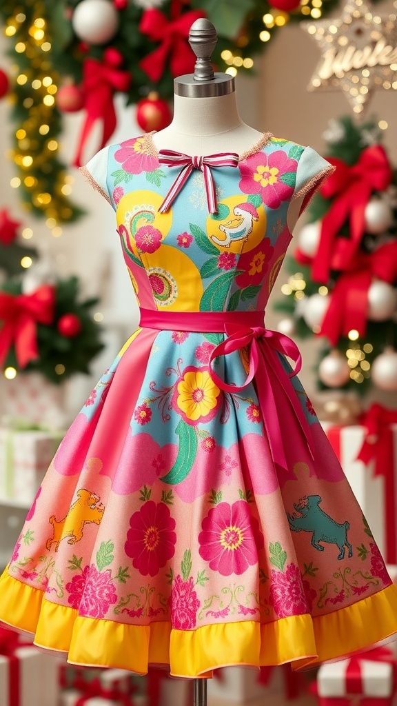 An 80s style Christmas dress with bright colors and sequins, displayed in a festive setting.